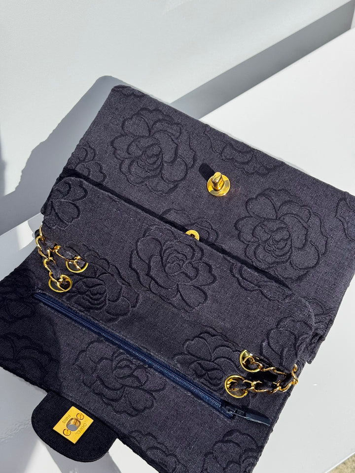 Chanel 1997 Medium 24K Navy Camellia Classic Flap Bag