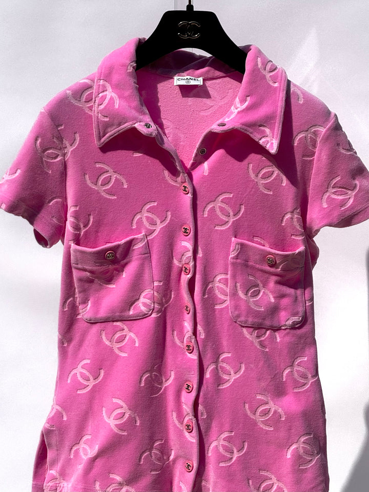 Chanel Spring 1996 Pink Velour CC Button Top X EstherandSasha