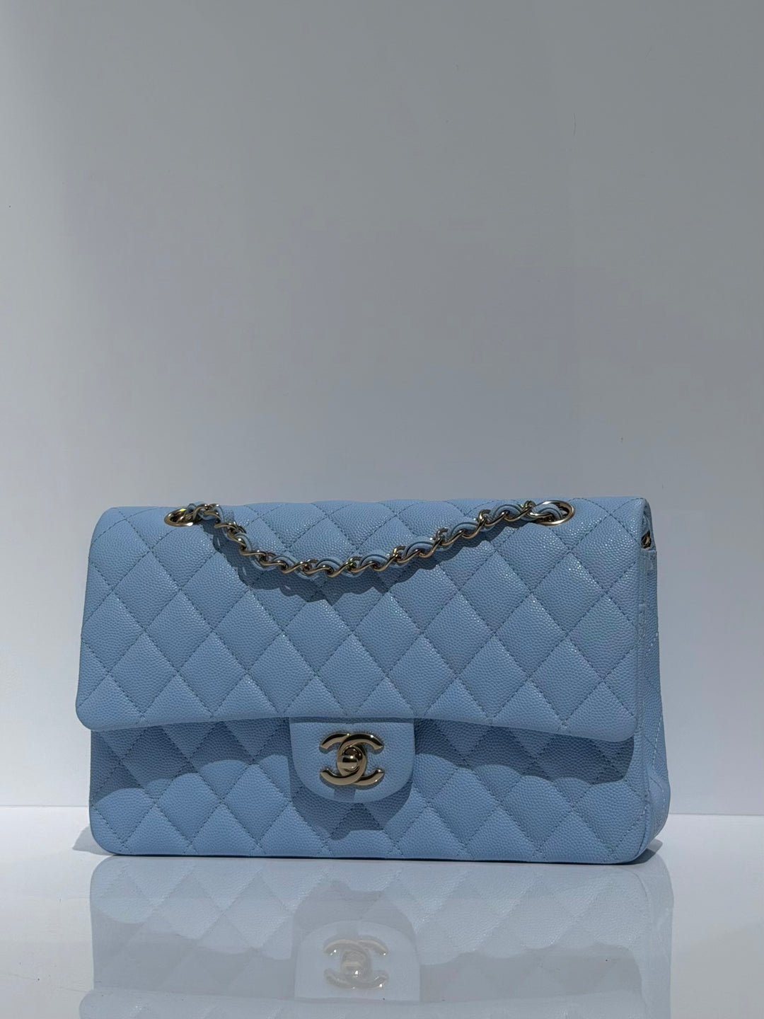 Chanel Medium Classic Double Flap Caviar Light Blue Light Gold Hardware 2023