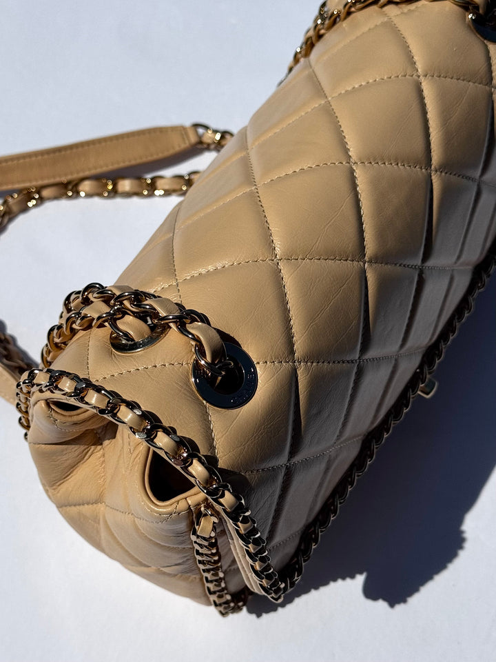 Chanel Beige Crumpled Calfskin Medium Chain All Over Flap Bag