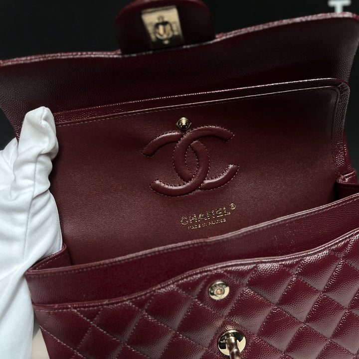 Chanel Small Classic Double Flap Caviar Burgundy Light Gold Hardware 2021