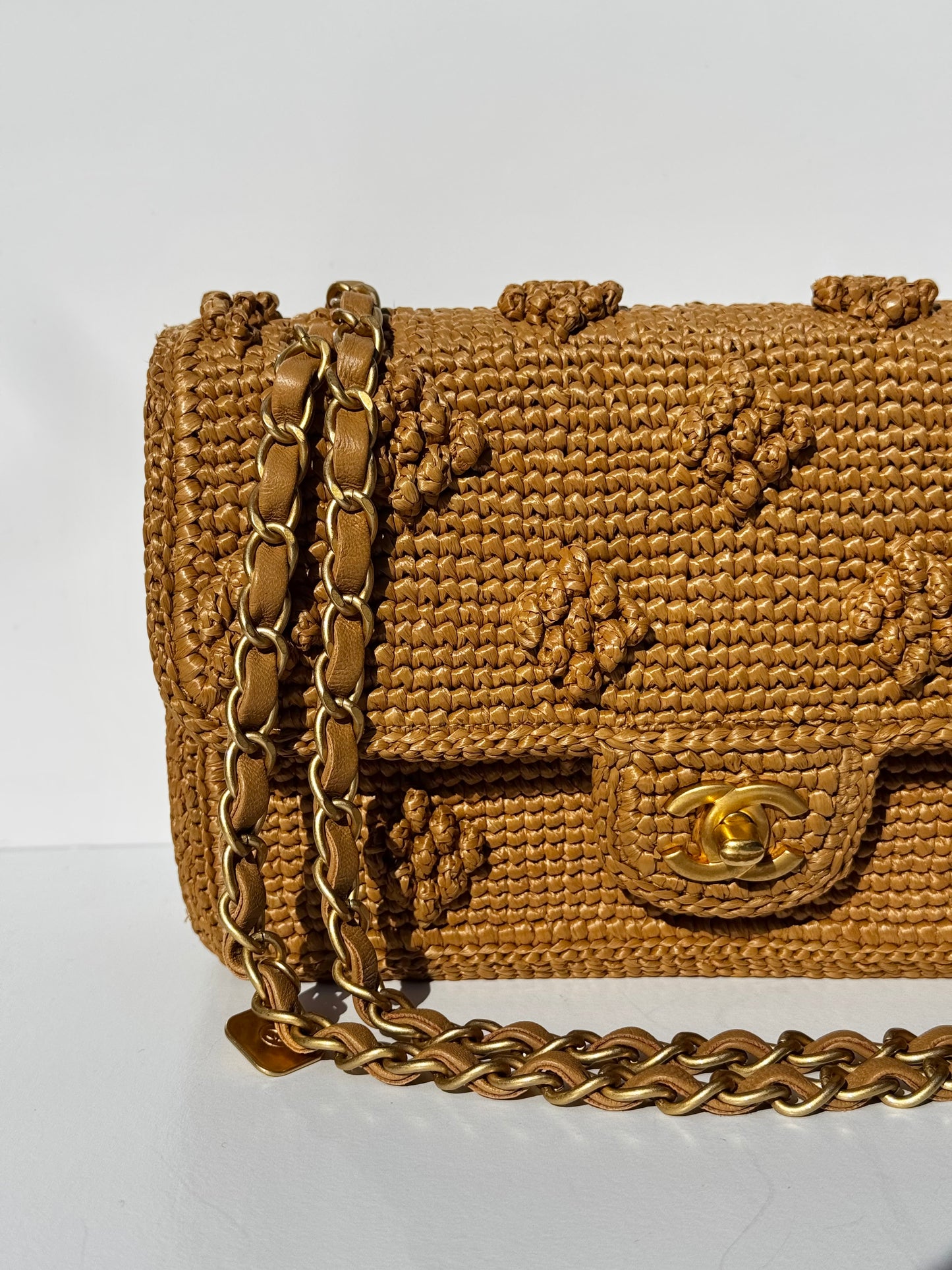 Chanel 24P Tan Braided Raffia Medium Flap Bag