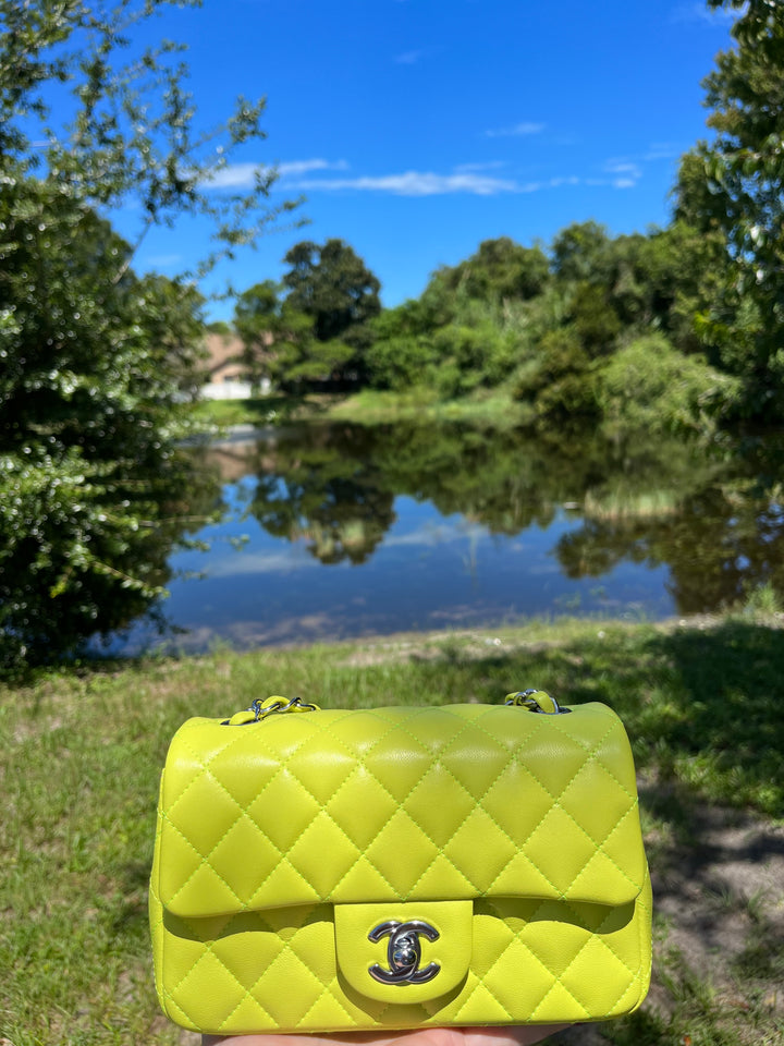 Chanel 21S Mini Classic Flap Lambskin Yellow Silver Hardware