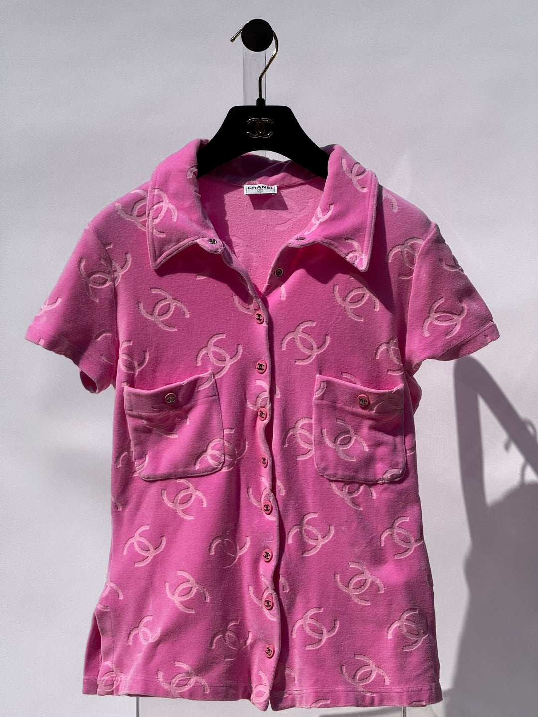 Chanel Spring 1996 Pink Velour CC Button Top X EstherandSasha