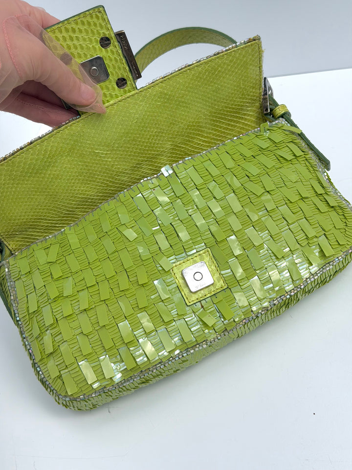 Fendi Lime Green Sequin Baguette Python Trim Silver Hardware 2000