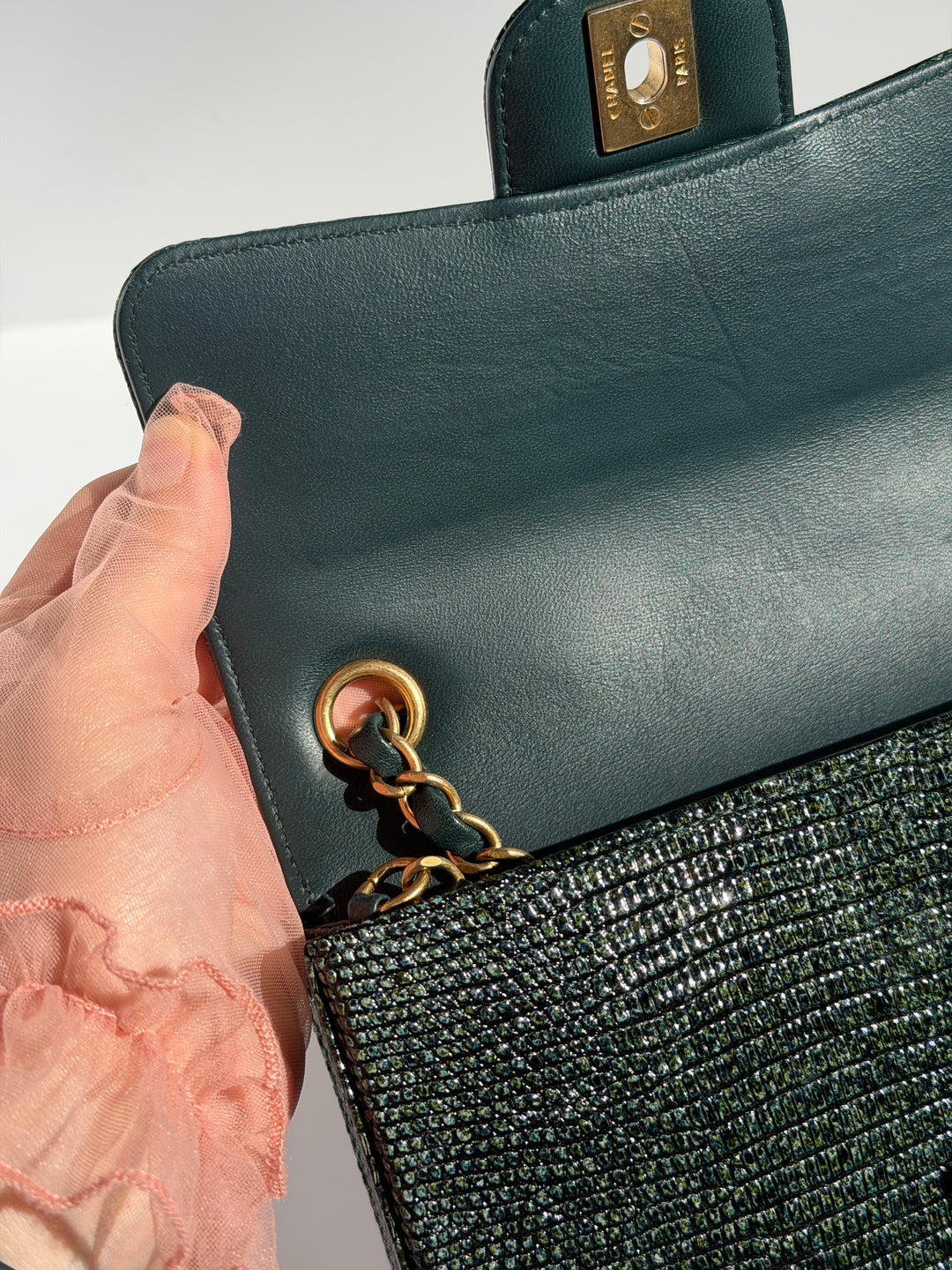 Chanel Mini Flap Green Lizard Brushed Gold Hardware 2018