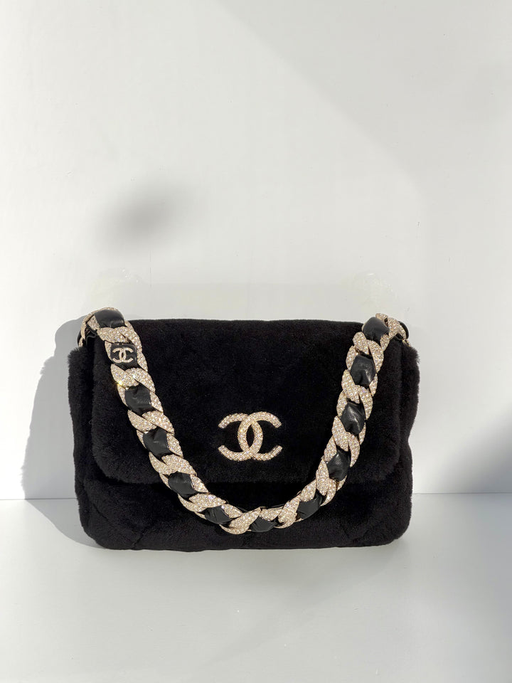 Chanel 2020 Shearling & Strass Black Flap Bag