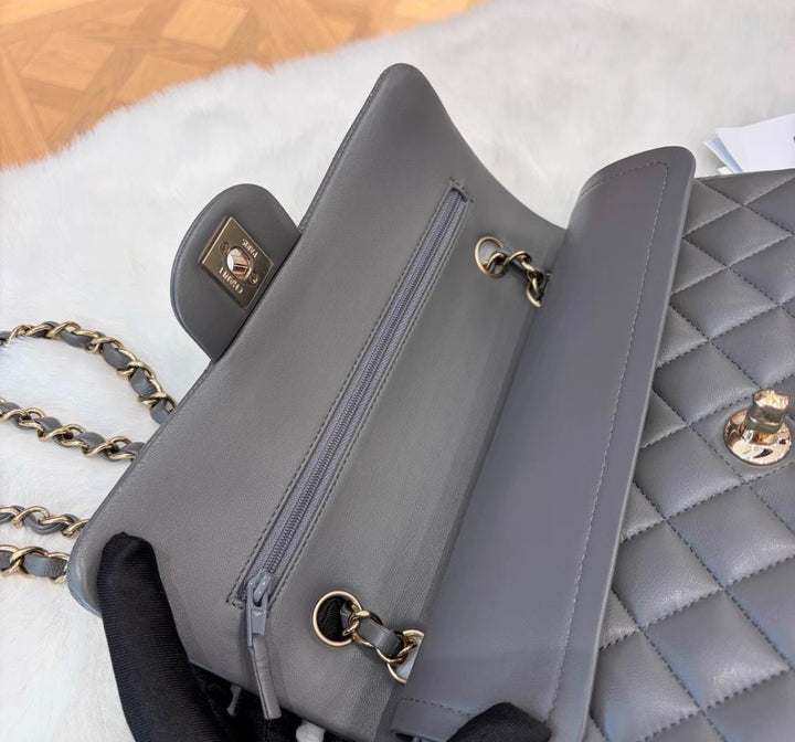Chanel Small Classic Double Flap Lambskin Grey Gold Hardware 2022
