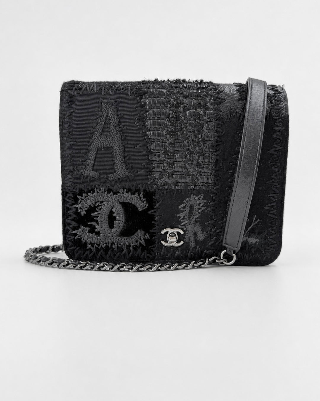 Chanel Black Mixed Media Patchwork Square Wallet on Chain Silver Hardware 2018