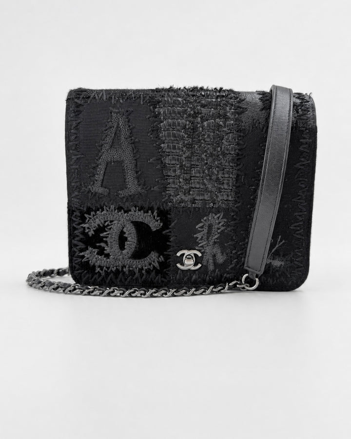 Chanel Black Mixed Media Patchwork Square Wallet on Chain Silver Hardware 2018