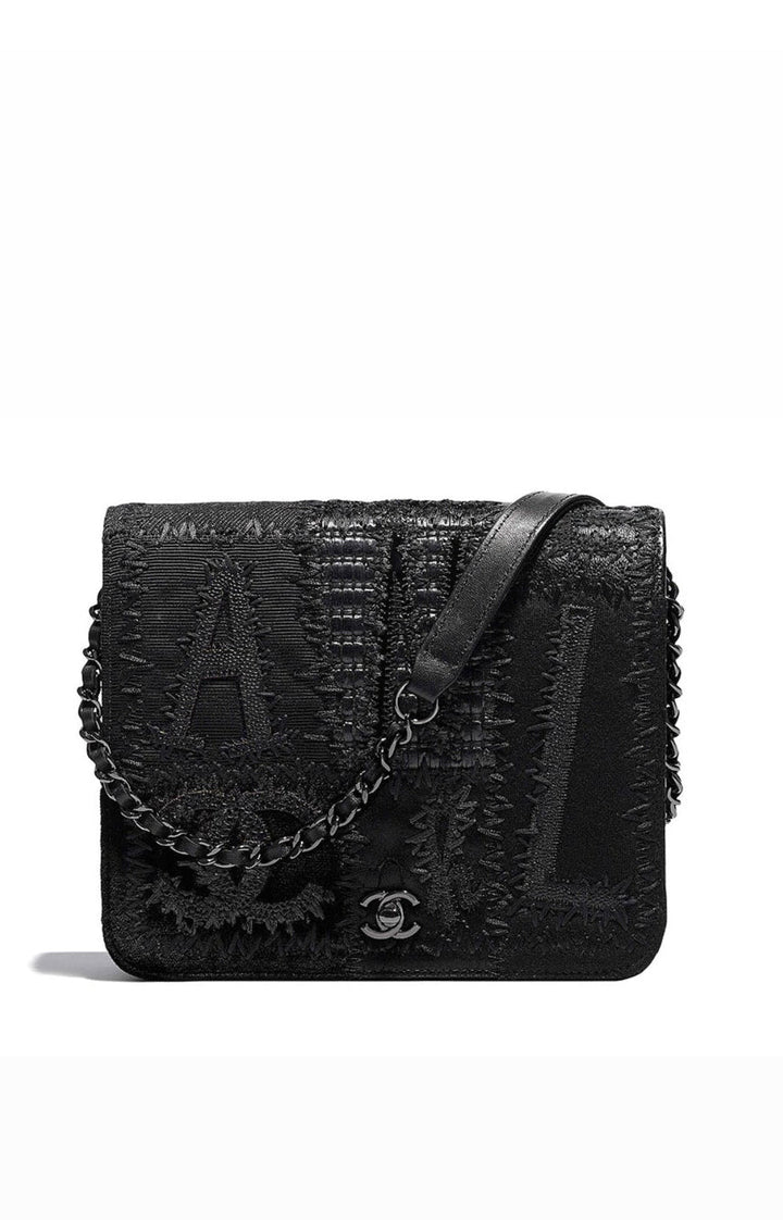 Chanel Black Mixed Media Patchwork Square Wallet on Chain Silver Hardware 2018