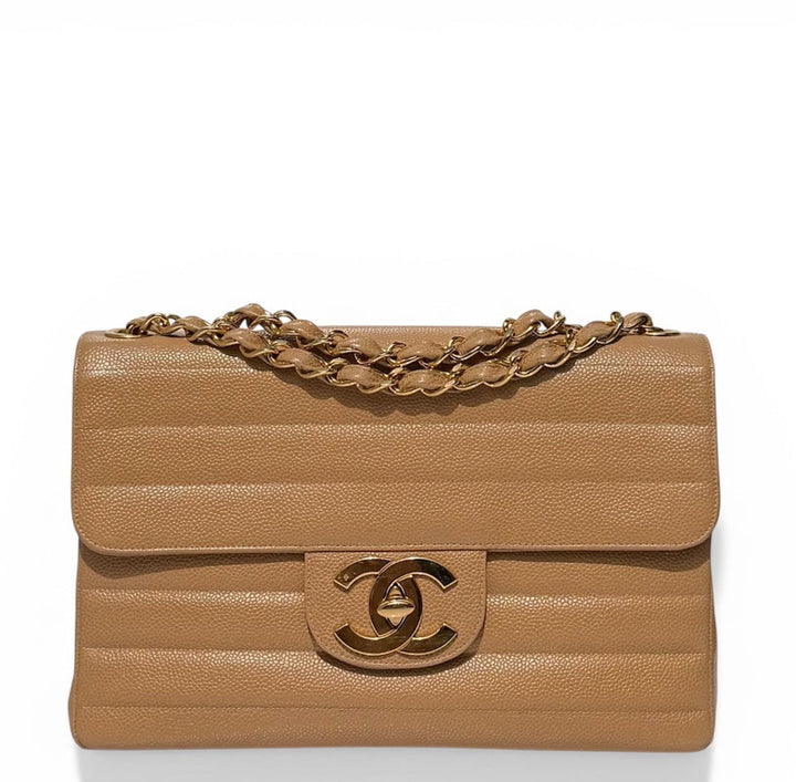 Chanel Classic Flap Jumbo Horizontal Dark Beige Caviar 24K Gold Hardware 1996