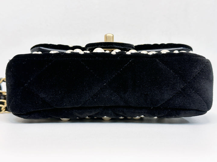 Chanel Black Velvet Mini Pearl Flap Bag