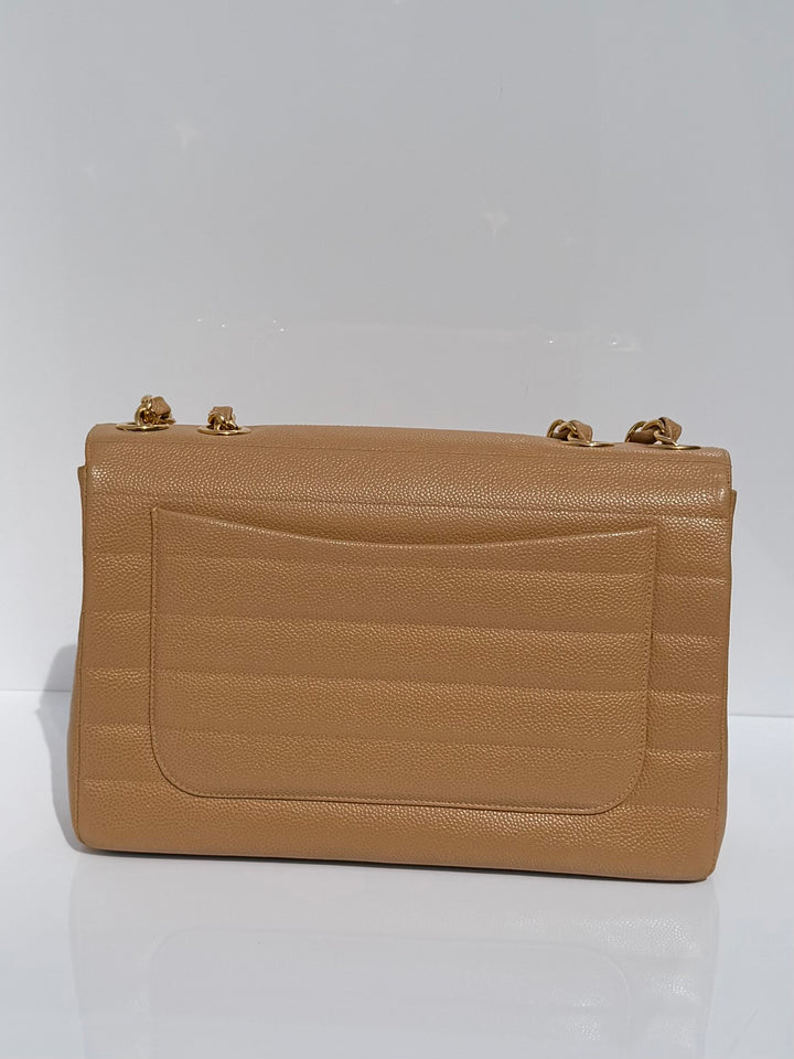 Chanel Classic Flap Jumbo Horizontal Dark Beige Caviar 24K Gold Hardware 1996