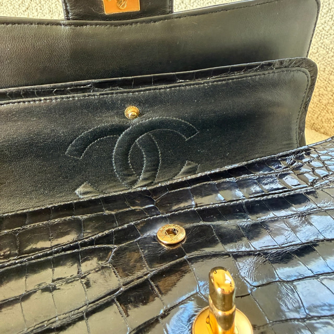 Chanel Medium Classic Flap Bag Alligator Black 24K Plated Gold Hardware 1997