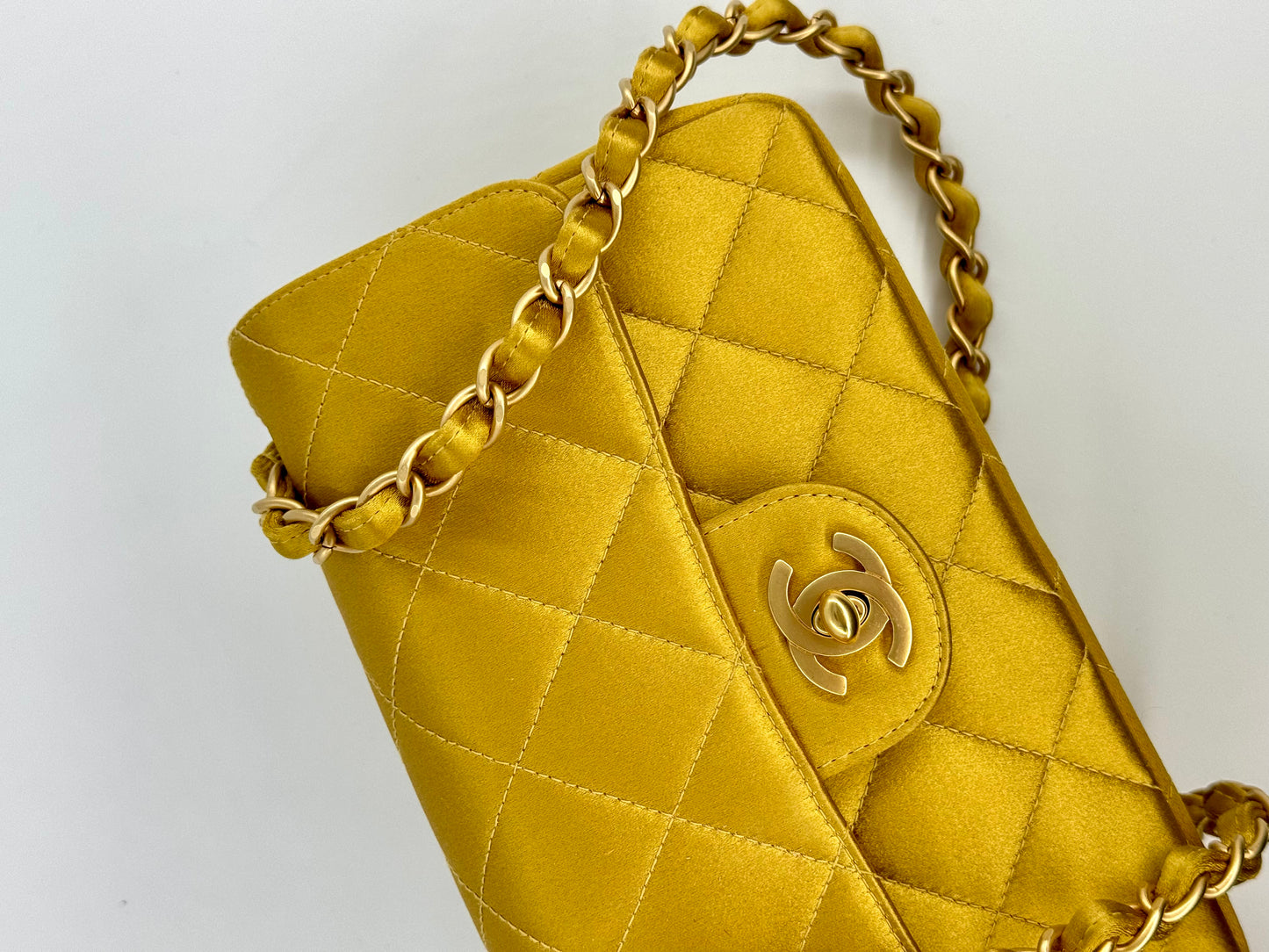 Chanel Gold Satin Mini Rectangle Flap