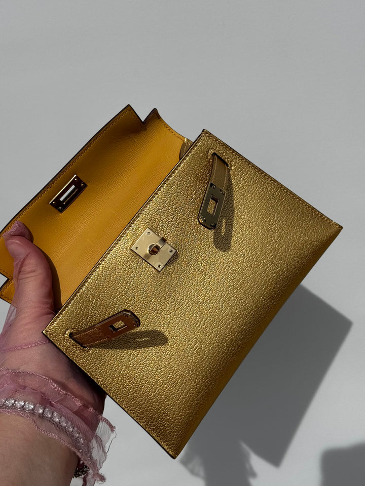 Hermes Mini Sellier Gold Metallic Chevre Dore Kelly 20