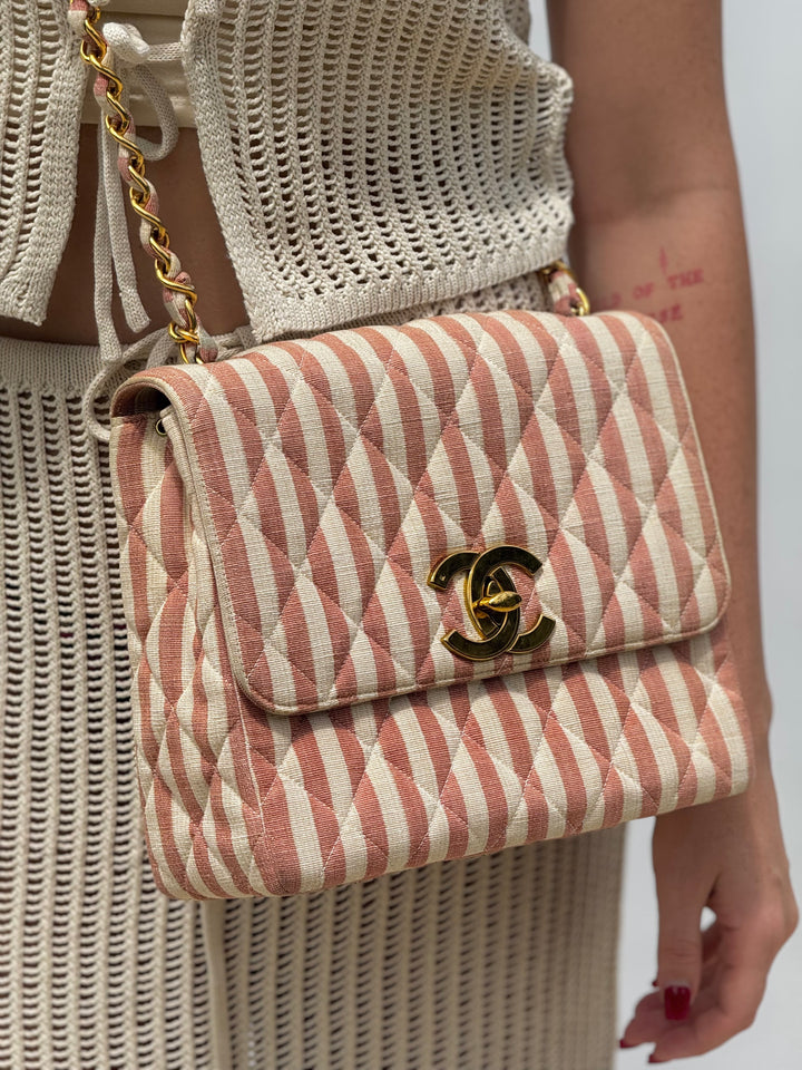 Chanel 24K Vintage Pink Striped Large Flap