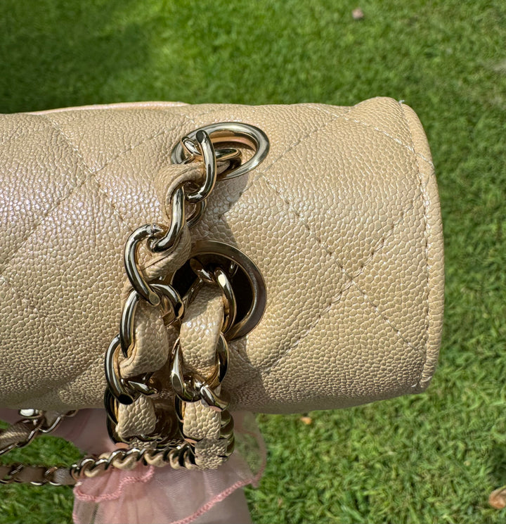Chanel 19S Beige Iridescent Medium Caviar Classic Flap