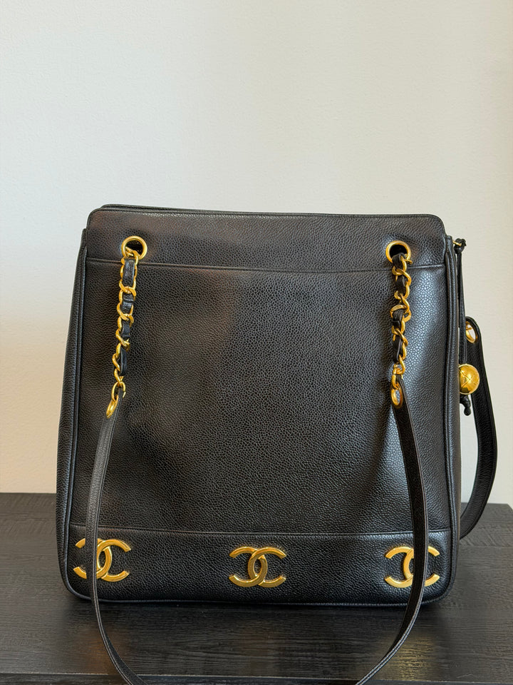 Chanel Black Caviar Triple Coco CC Tote Bag 24K Gold Plated Hardware 1994