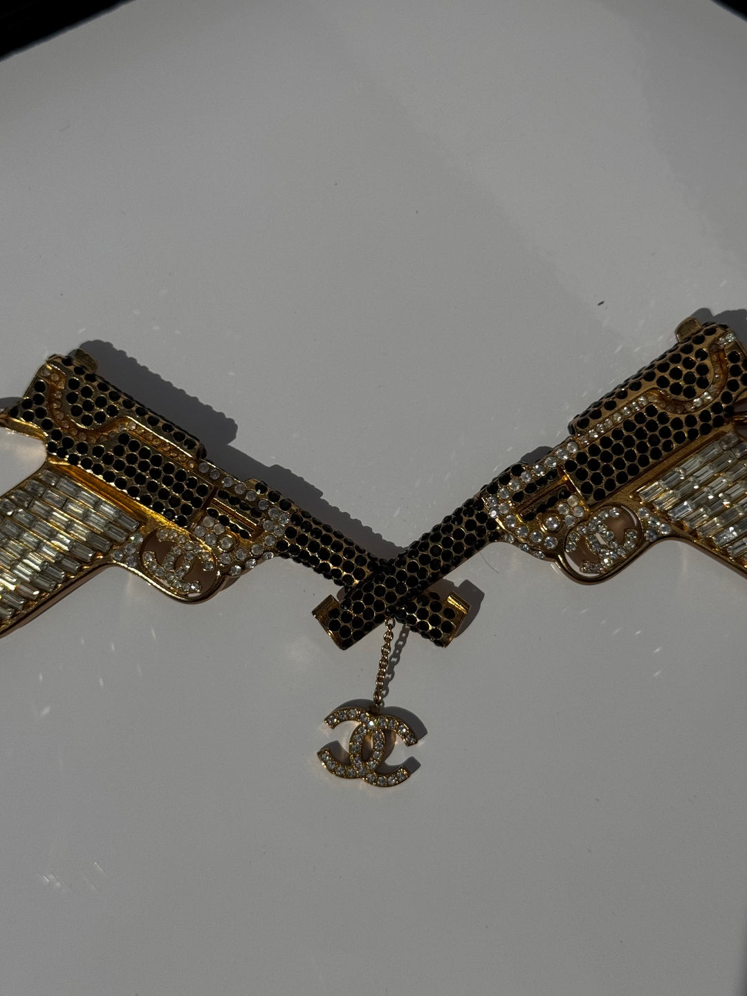 Chanel Runway Pistols Belt Necklace Black Leather Crystal Gold Hardware 2001