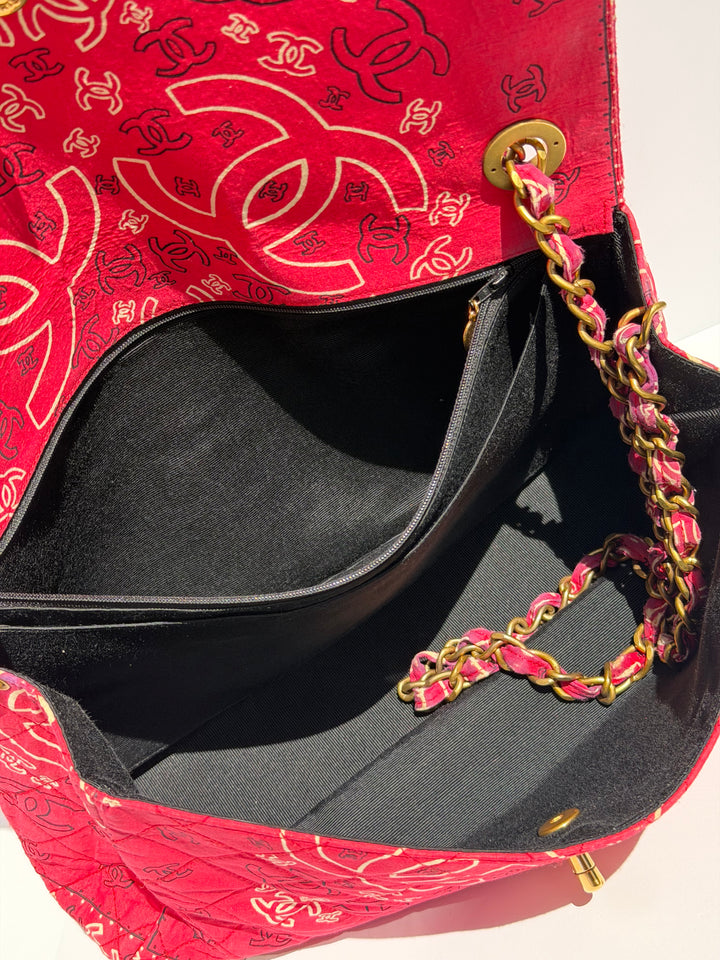 Chanel Vintage Red Bandana Paisley Print Straw Maxi Jumbo Flap Bag 1994