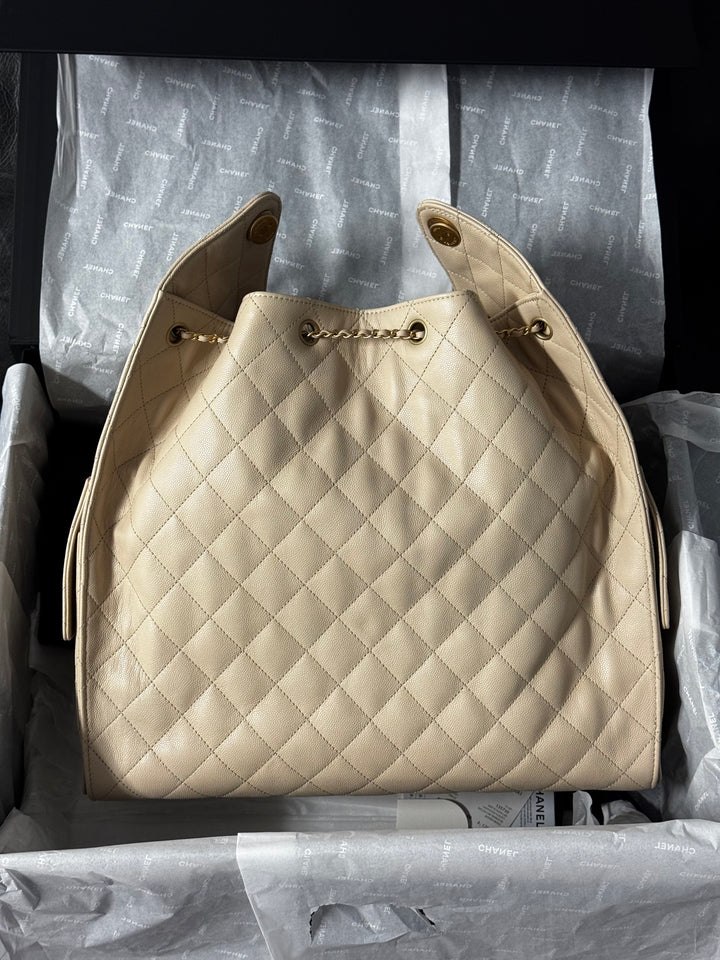 Chanel 25 Light Beige Medium Caviar Hobo Bag