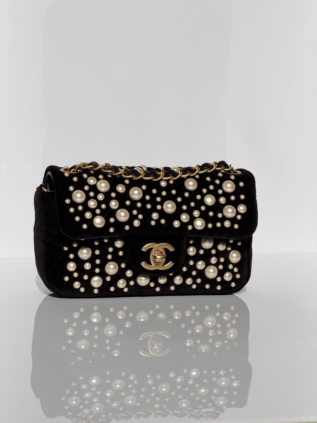 Chanel Black Velvet Mini Pearl Flap Bag
