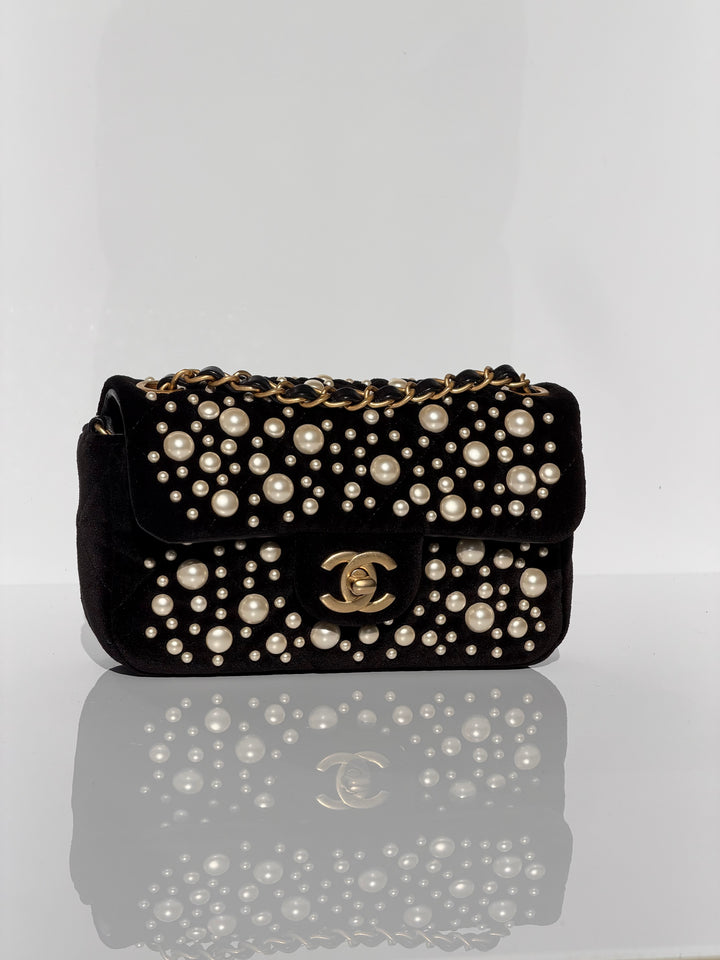 Chanel Black Velvet Mini Pearl Flap Bag