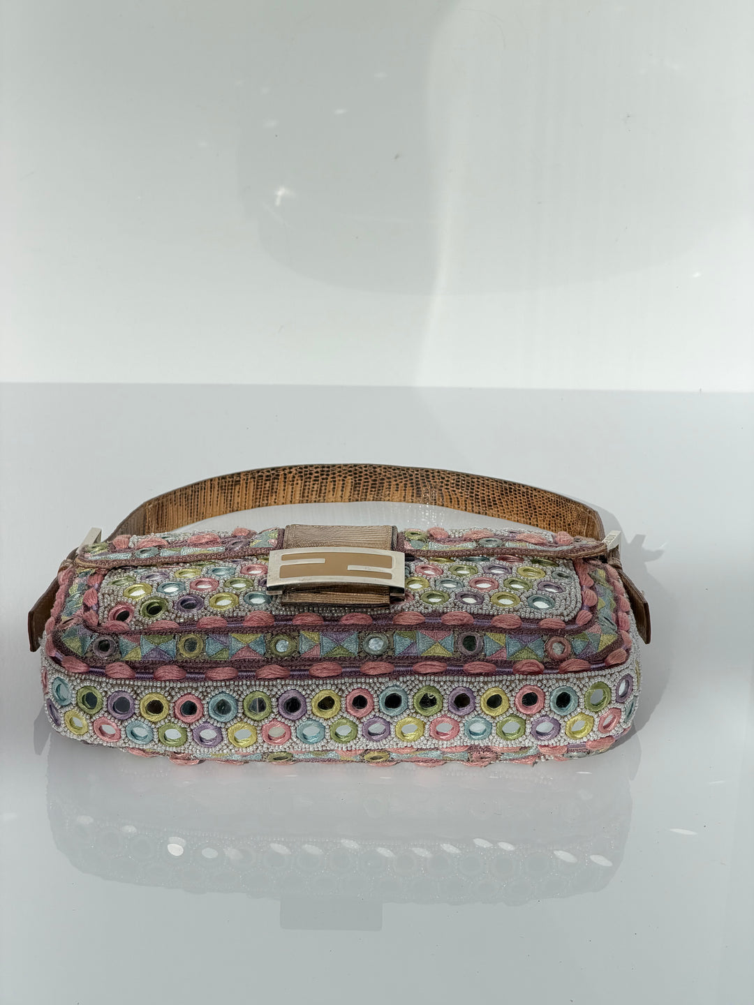 Fendi Baguette Mirror Specchietti Bag Multicolor Silk Embroidery & Beading Lizard Trim 2009
