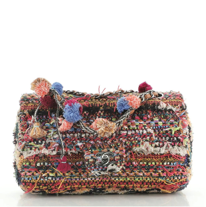 Chanel Medium Multicolor Tweed Pom Pom Flap