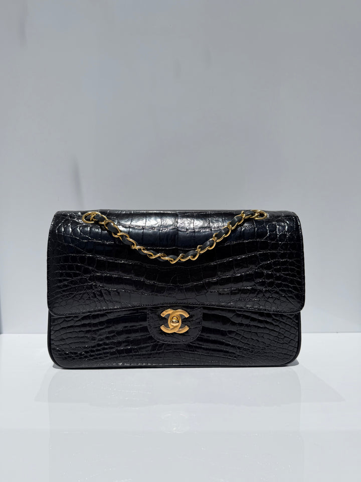 Chanel Medium Classic Flap Bag Alligator Black 24K Plated Gold Hardware 1997