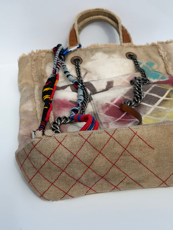 Chanel Runway Art School Graffiti Canvas Tote Beige Multicolor Ruthenium Hardware 2014