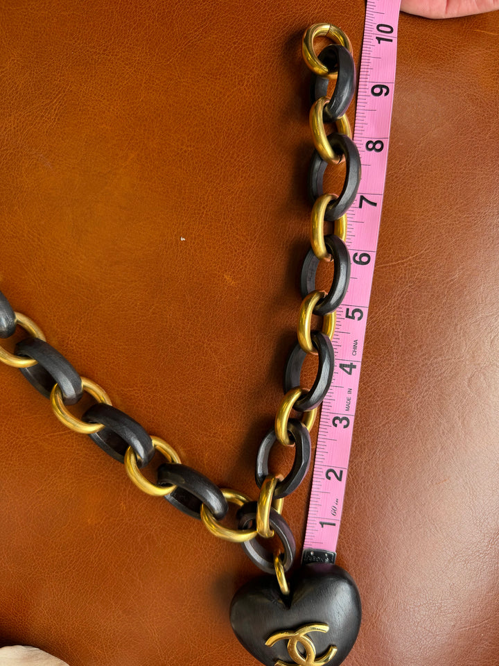 Chanel Vintage Wood Heart CC Pendant Necklace 1993