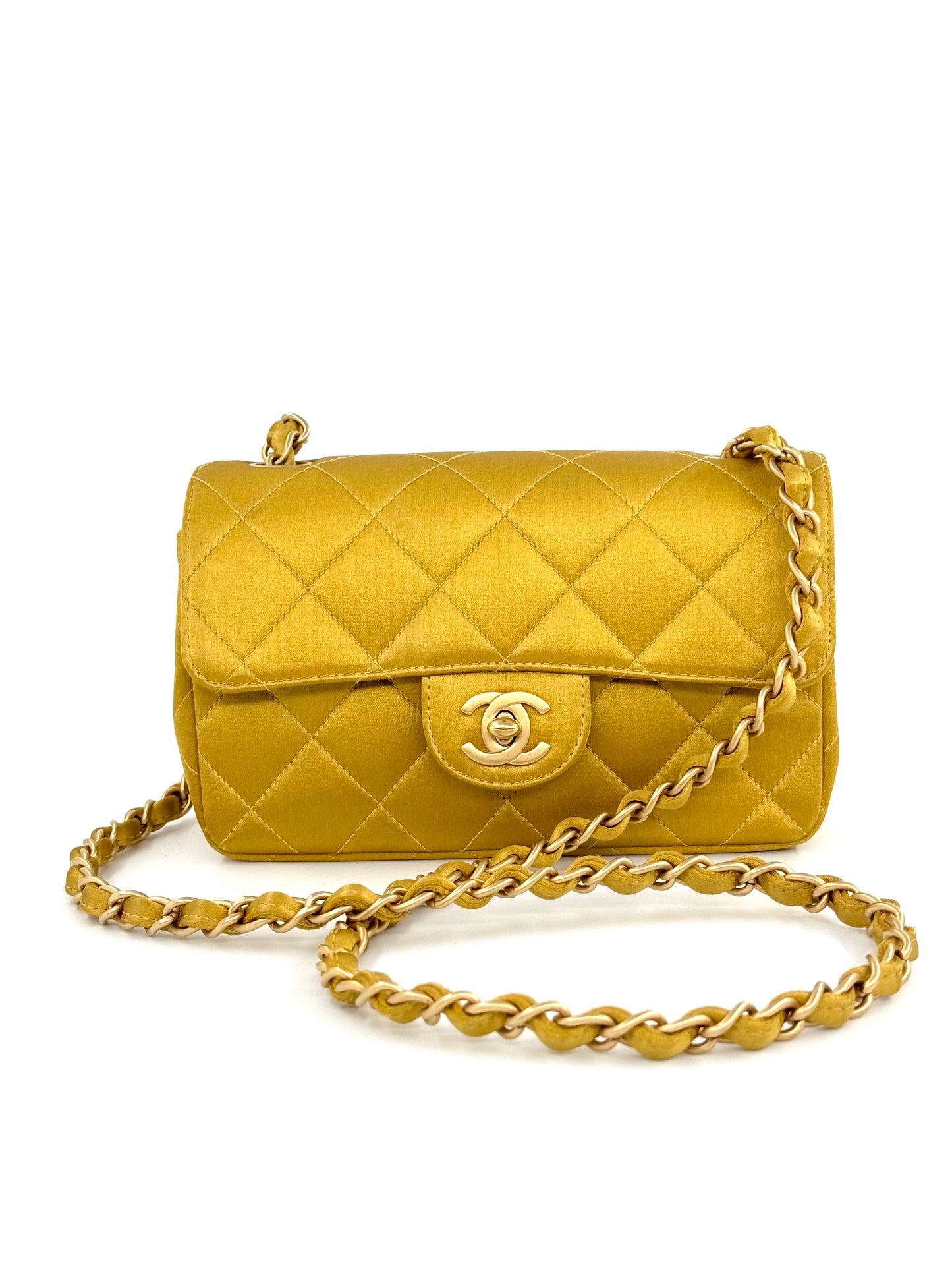 Chanel Gold Satin Mini Rectangle Flap