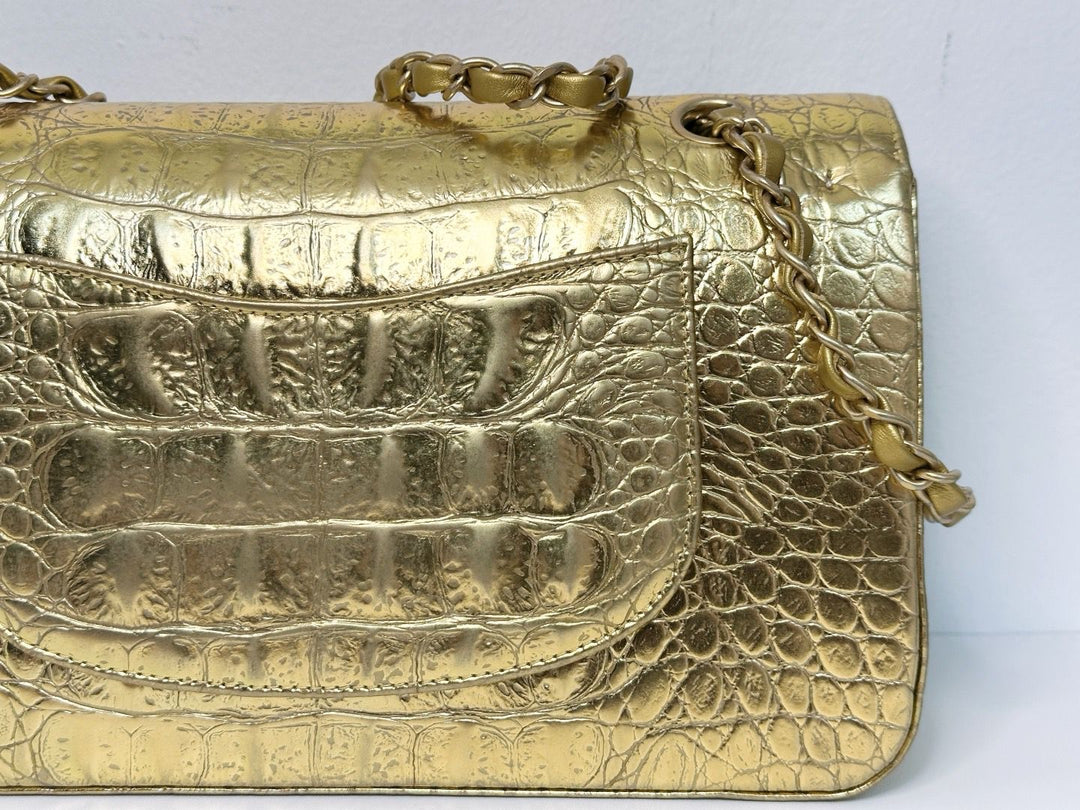 Chanel Metallic Gold Croc Embossed Medium Classic Flap Bag