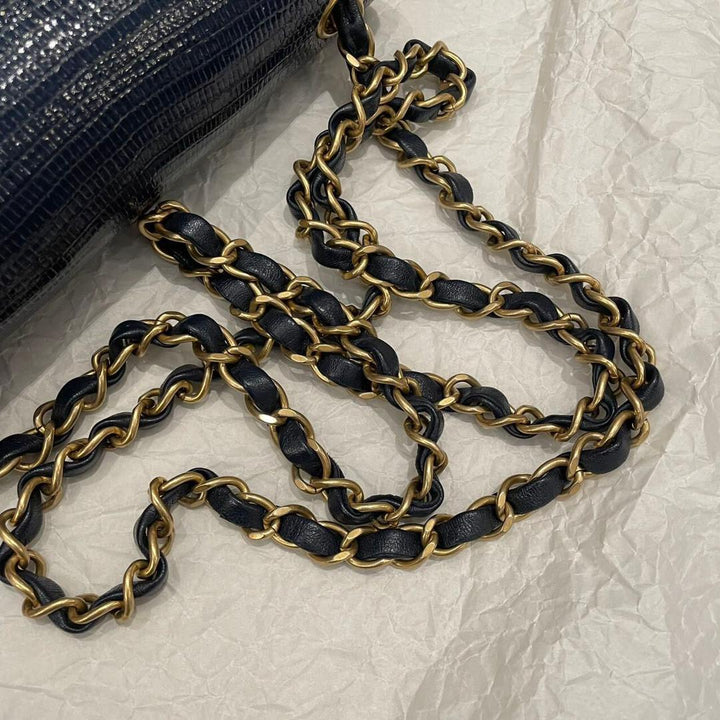 Chanel Navy Blue Lizard Mini Flap Brushed Gold Hardware 2018