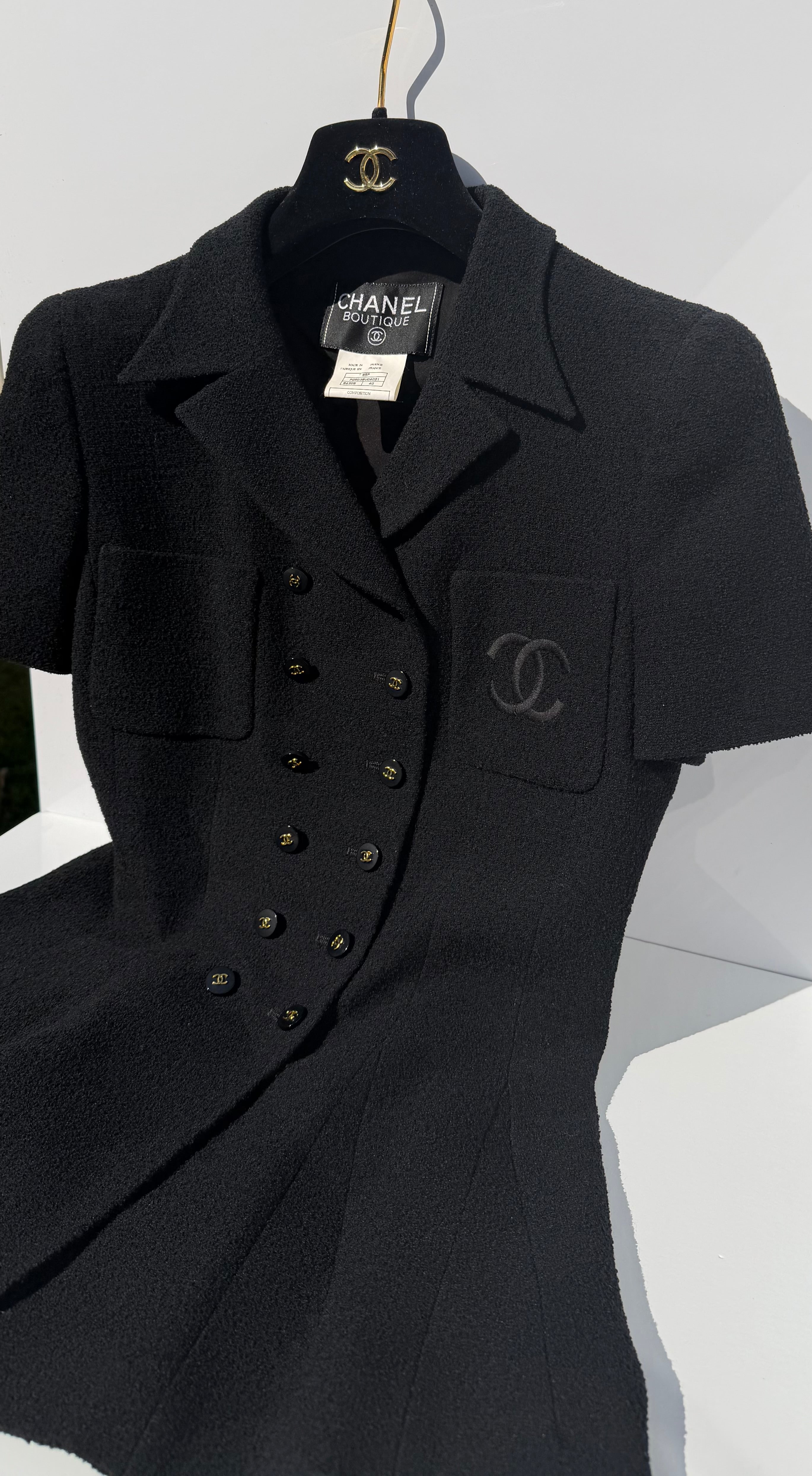 Chanel 1995 Black Tweed CC Logo Peplum Jacket – Its A Luv Story