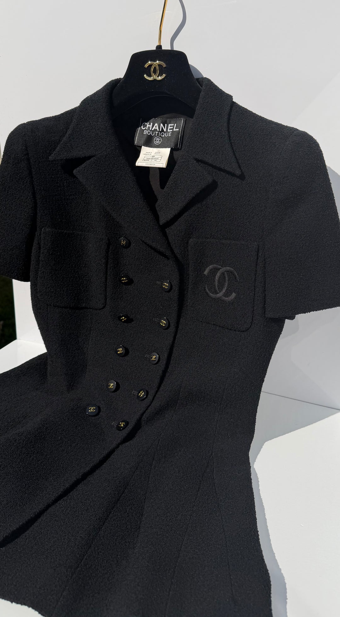 Chanel 1995 Black Tweed CC Logo Peplum Jacket