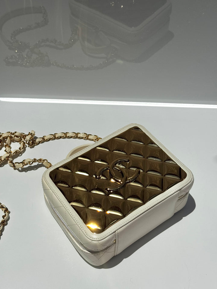 Chanel 21K Small White Lambskin Golden Plate Vanity Case