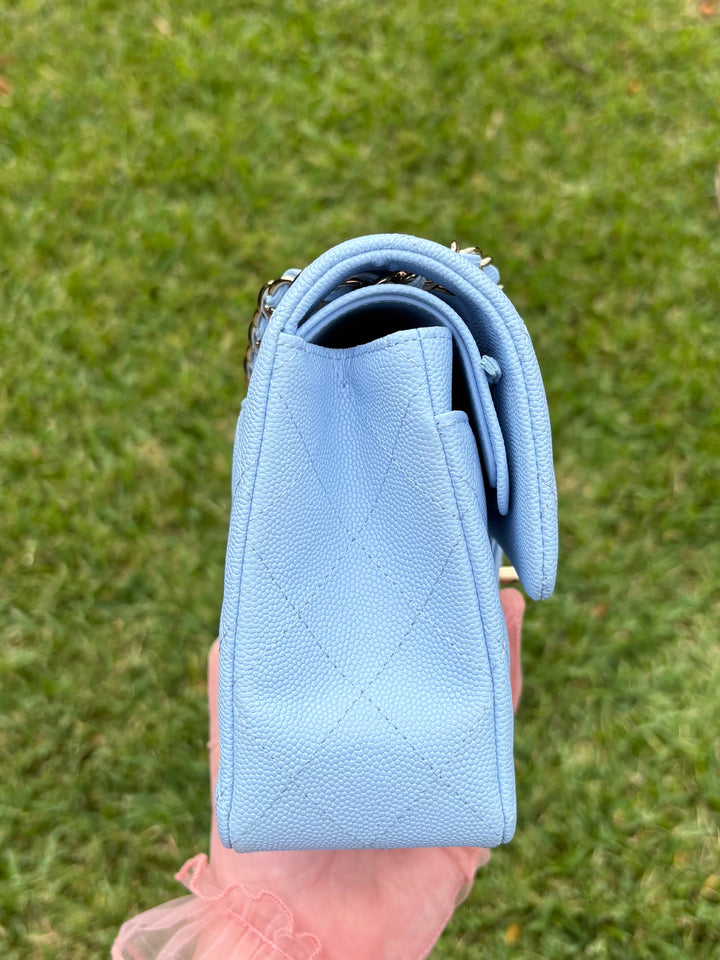 Chanel Small Classic Double Flap Caviar Light Blue Light Gold Hardware 2023