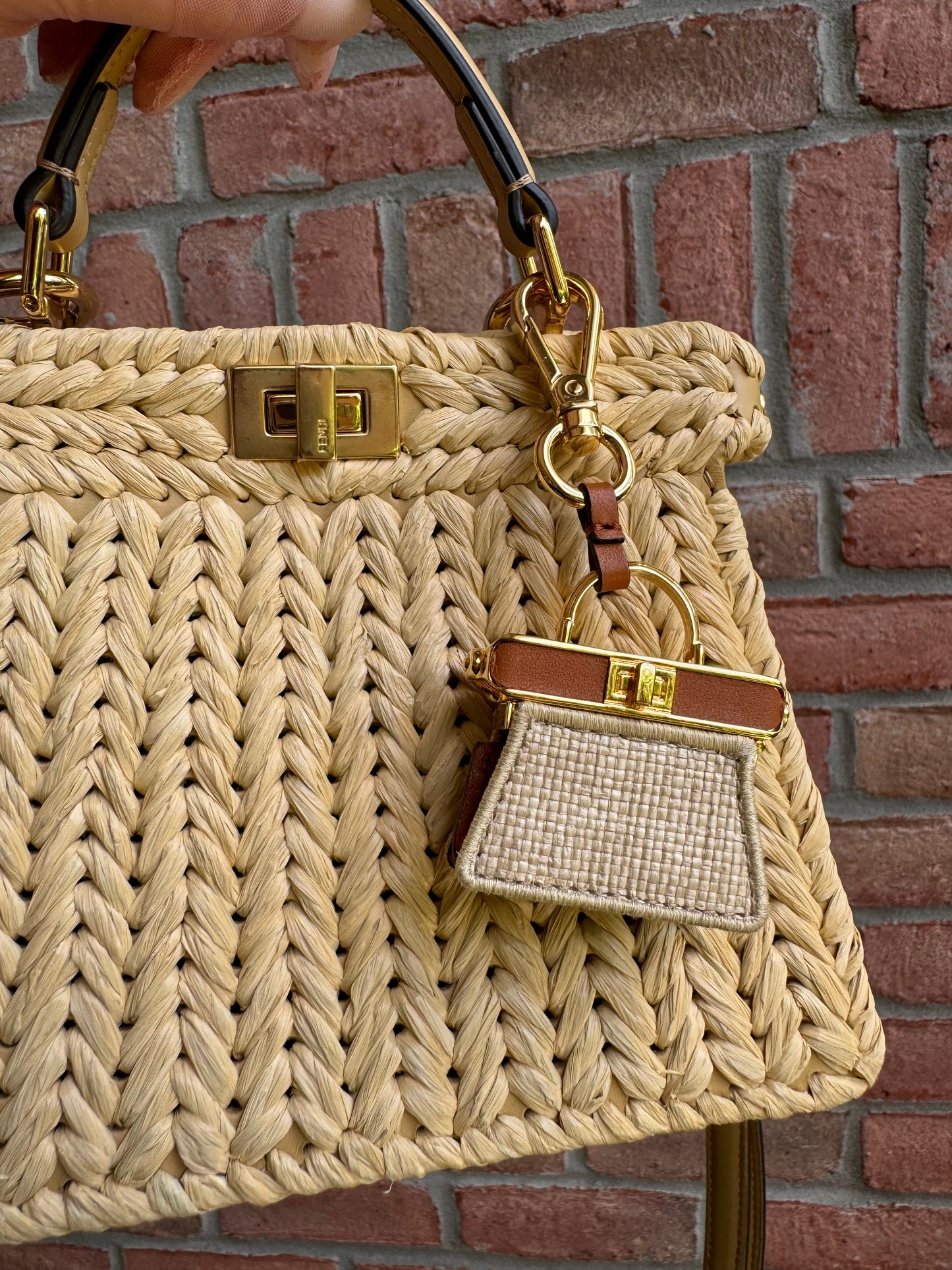 Fendi Peekaboo ISeeU Petite Sand Raffia Bag + Fendi Charm