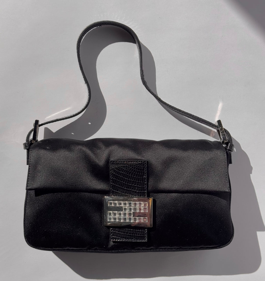 Fendi Black Satin Crystal Baguette With Lizard Trim