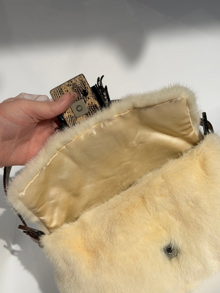 Fendi Crystal Embellished Baguette White Mink Fur Lizard Trim Gold Tone Hardware