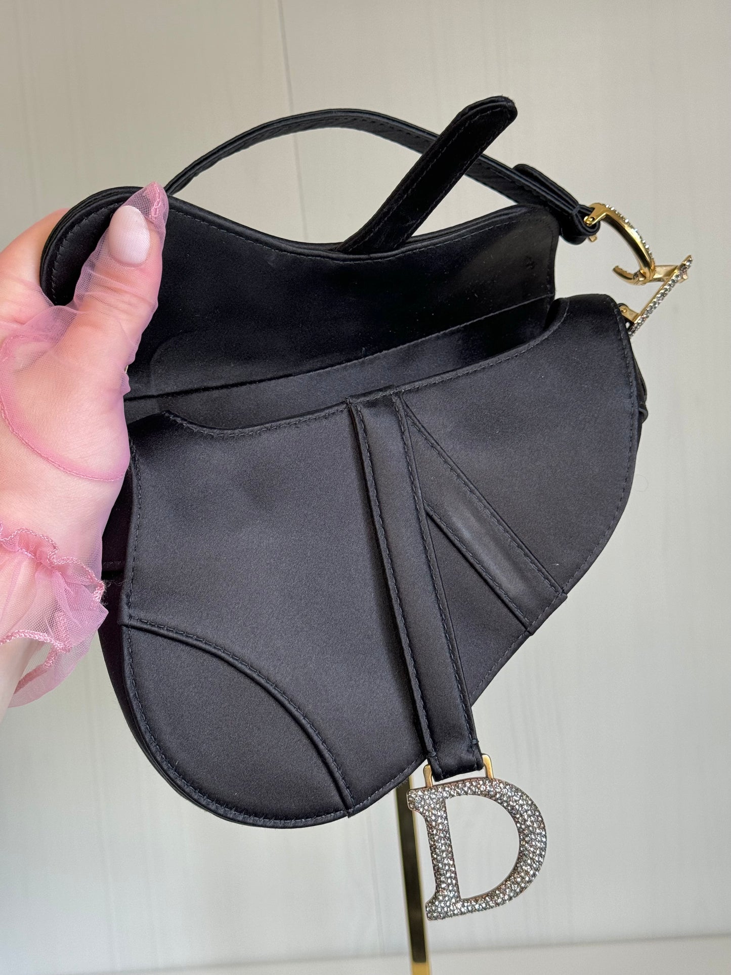 Rare Dior Black Satin Crystal Mini Saddle