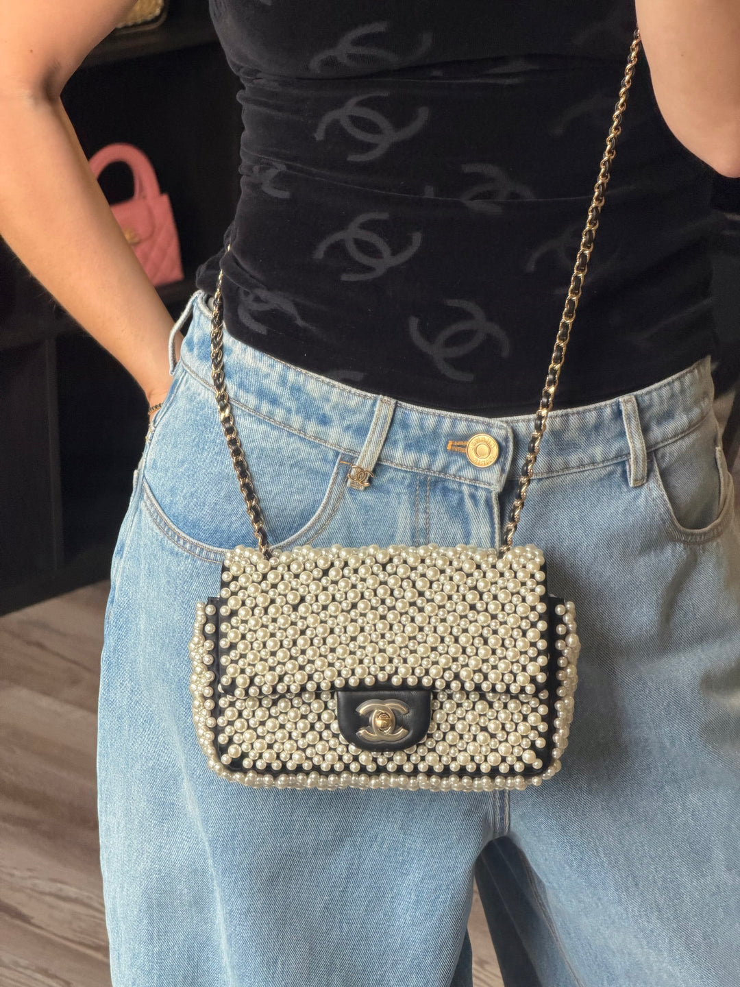 Chanel Mini Rectangular Flap Bag Black Pearl Embellished 19S 2019