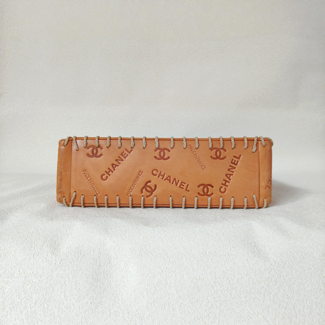 Chanel Maxi Classic Flap Bag Tan Debossed Logo Calfskin Whipstitched Gold Hardware 1994