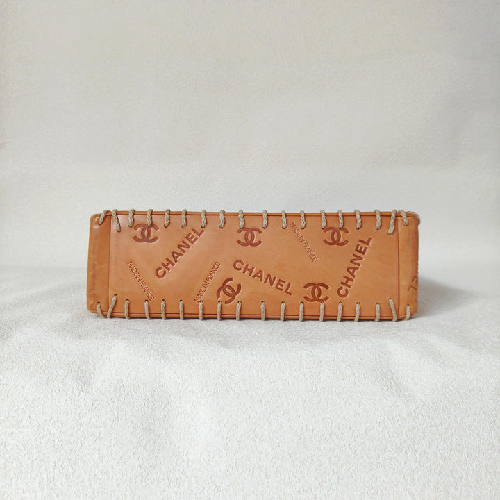Chanel Maxi Classic Flap Bag Tan Debossed Logo Calfskin Whipstitched Gold Hardware 1994