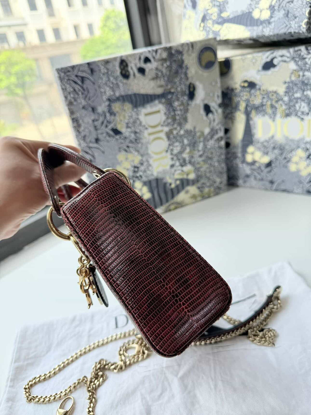 Christian Dior Lady Dior Mini Top Handle Lizard Burgundy Gold Hardware