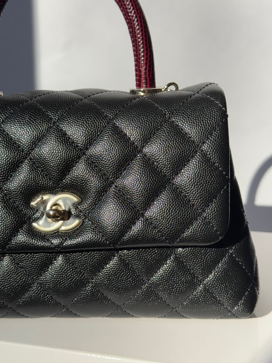 Chanel Small Black Caviar Coco + Burgundy Lizard Top Handle